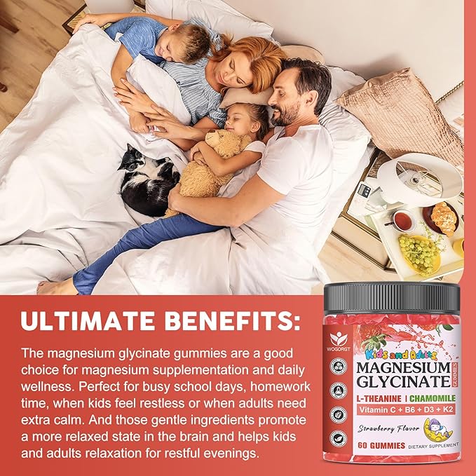 Magnesium Glycinate Gummies for Kids & Adults - Relaxation & Cognition Support - 400/200mg Magnesium Supplement with L-Theanine, B6, D3 & K2 - Vegan, Sugar Free, Strawberry Flavor, 60 Ct (2Pack)
