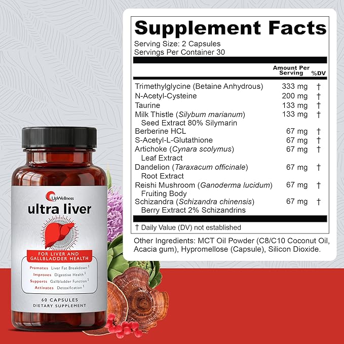 UpWellness Ultra Liver Supplement for Liver Support and Gallbladder Support - Powered by TMG, NAC Milk Thistle, and More - Liver Cleanse Detox & Repair - 60 Capsules - 5 Pack