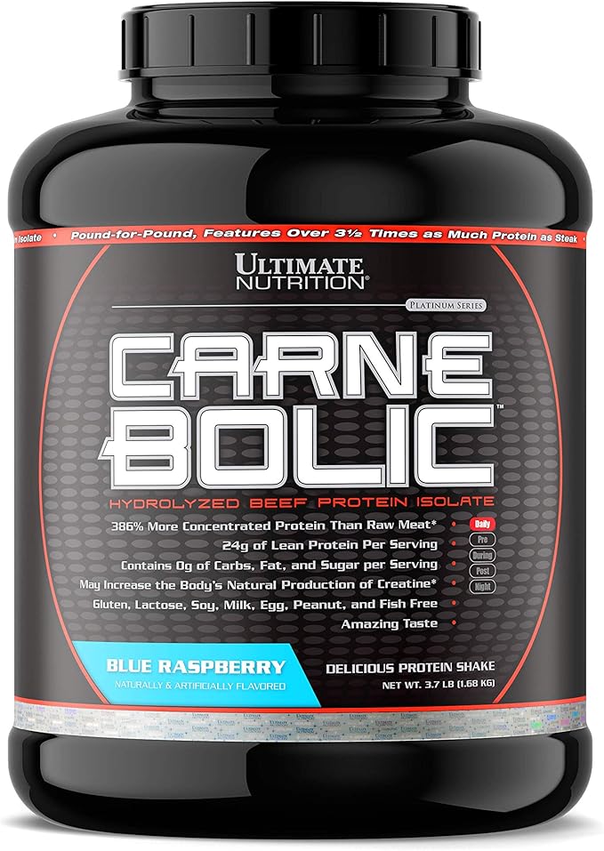 Ultimate Nutrition Carnebolic Hydrolyzed Beef Protein Isolate Powder-Paleo and Keto Friendly-Zero Carbs, Zero Fat, Zero Sugar or Soy, Gluten and Lactose-Free, Blue Raspberry, 60 Servings