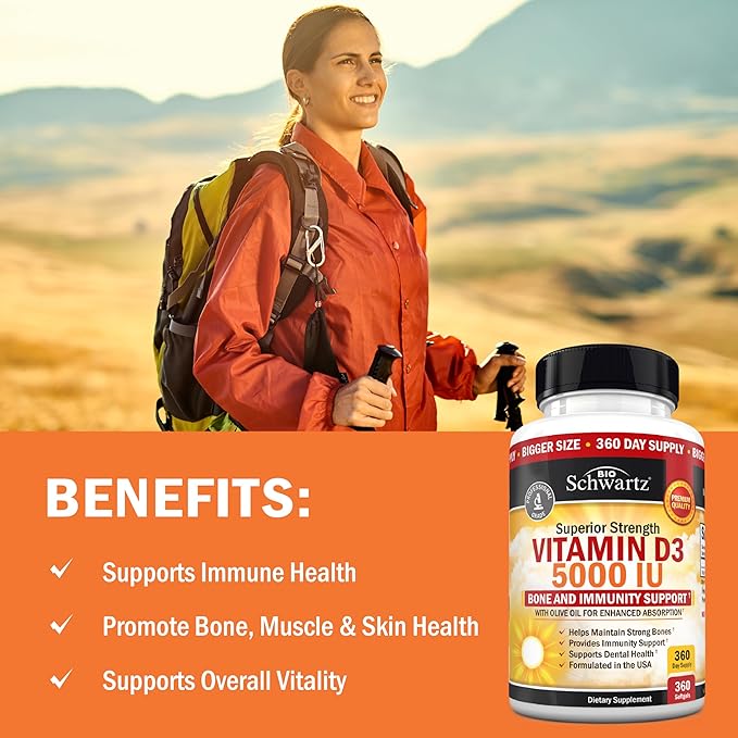 Vitamin D3 5000 IU (125 mcg) Natural Immune Support Supplement, Bone Strength, Healthy Muscle Function, with Olive Oil for Highest Absorption, Gluten Free & Non-GMO, 1 Year Supply, 360 Softgels