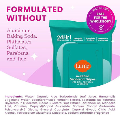 Lume Acidified Deodorant Wipes - 24 Hour Odor Control - Aluminum Free, Baking Soda Free, Skin Loving - 45 Count (Pack of 3) (Cool Cucumber)