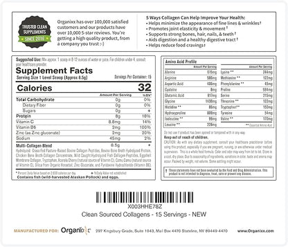Organixx Clean Sourced Collagen Peptides Powder with Vitamin C, Types I, II, III, V, X Hydrolyzed Collagen, Hair, Nail, Skin, Bone & Joint Health, Aging Support, Gluten Free, Unflavored, 15 Servings