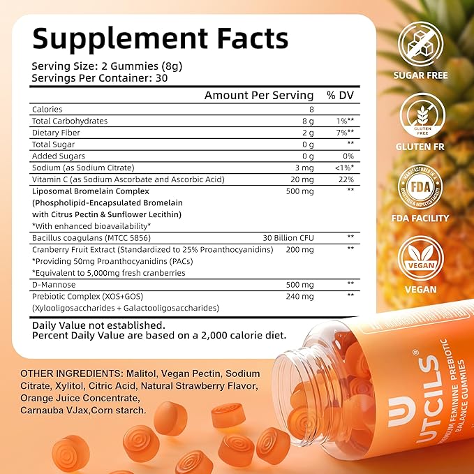 Liposomal Premium Feminine Balance Gummies, Advanced Women's Probiotic Gummies with Bromelain & Cranberry PACs - Triple-Targeted pH Balance Support, 30B CFU Shelf-Stable, Sugar Free 60 Count