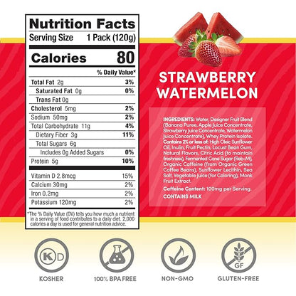 Designer Wellness Energy Smoothie, Real Fruit, 100mg Natural Caffeine, 5g Protein, Low Carb, Zero Added Sugar, Gluten-Free, Strawberry Watermelon, 12 Count