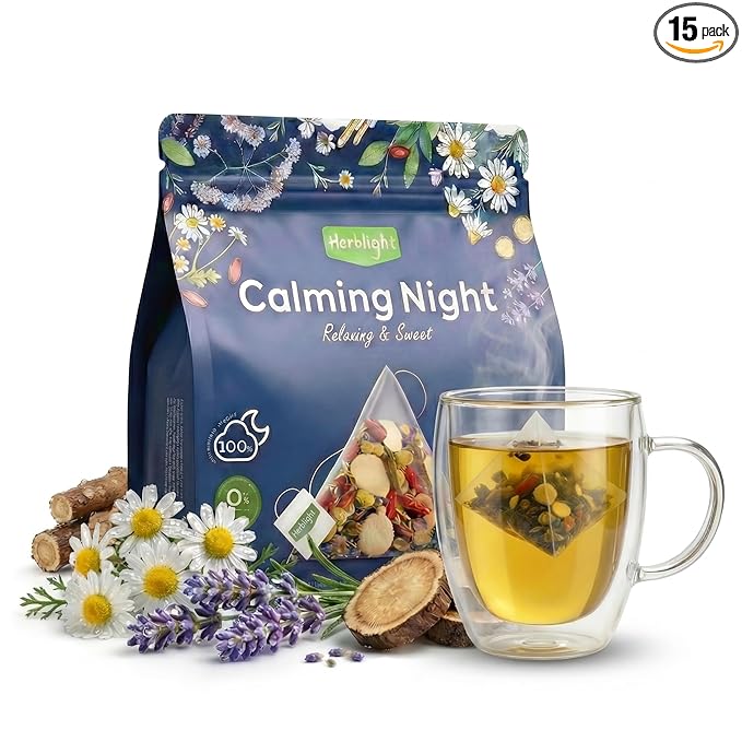 Herblight Bedtime Tea with Valerian Root & Ashwagandha - Caffeine-Free Night Time Herbal Blend for Deep Relaxation - Premium Whole Leaf Sleep Tea (15 Pyramid Bags)
