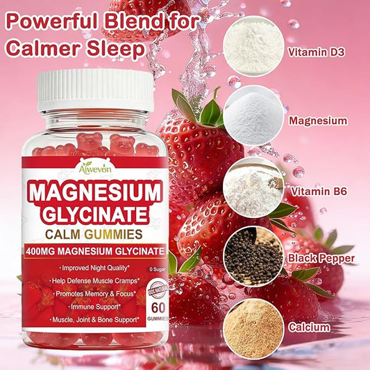Magnesium Glycinate Gummies 400mg Sugar Free: Calm Magnesium Supplement for Women & Men, Sleep Support, Muscle & Bone Health Complex with Vitamin D3 B6 Calcium, Chewable Strawberry Gummy for Adults