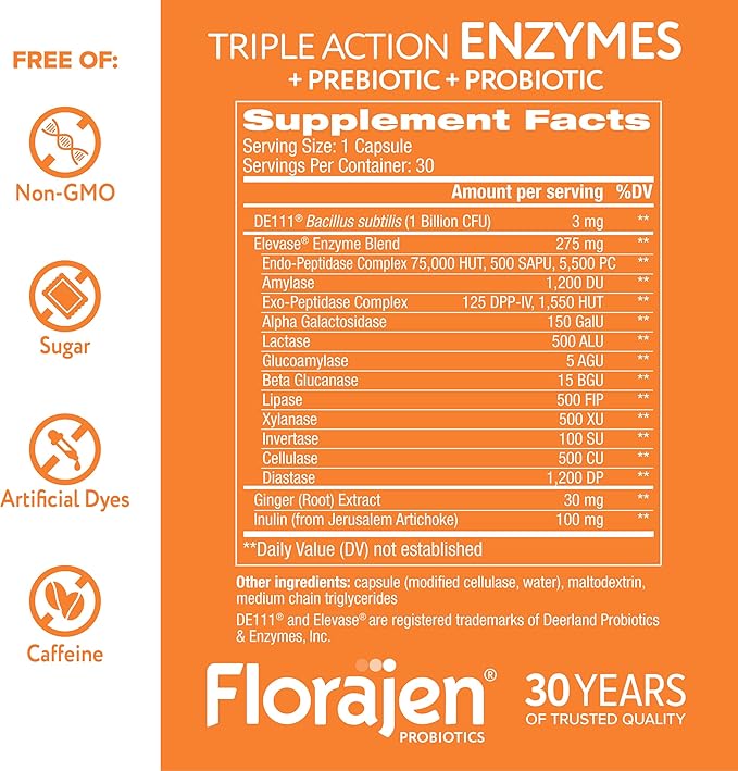 Florajen Digestive Enzymes with Probiotics & Prebiotics - Triple-Action Formula for Gut Health, Bloating, & Gas Relief - Supports Gluten & Dairy Digestion - Clean - Non-GMO - 30-Count