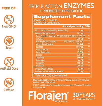 Florajen Digestive Enzymes with Probiotics & Prebiotics - Triple-Action Formula for Gut Health, Bloating, & Gas Relief - Supports Gluten & Dairy Digestion - Clean - Non-GMO - 30-Count