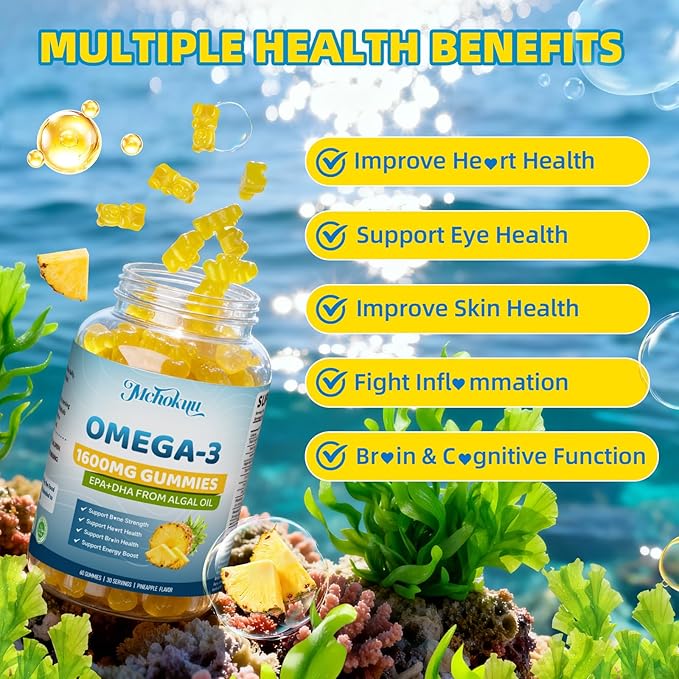 Vegan Omega-3 Gummies 1600mg EPA & DHA from Algal Oil, Fish Oil Alternative for Adults & Kids, Omega 3 Supplement with Vitamin D3 K2 for Brain, Eye & Immune Health Sugar Free Pineapple, 120 Count