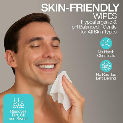 Men's Cooling Face + Body Cleansing Wipes - 4 Pack - 120 Count Post Workout Travel Towlettes
