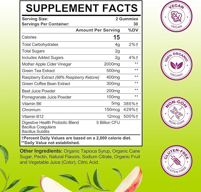 Appetite Suppressant Supplement| Akkermansia Function| Apple Cider Vinegar Gummies with Green Tea Extract, Probiotic for Fat Burner, Detox Cleanse, Metabolism, Energy & Digestive Health, 60 Gummies