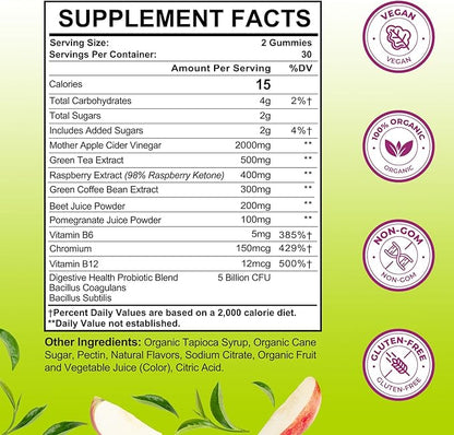 Appetite Suppressant Supplement| Akkermansia Function| Apple Cider Vinegar Gummies with Green Tea Extract, Probiotic for Fat Burner, Detox Cleanse, Metabolism, Energy & Digestive Health, 60 Gummies