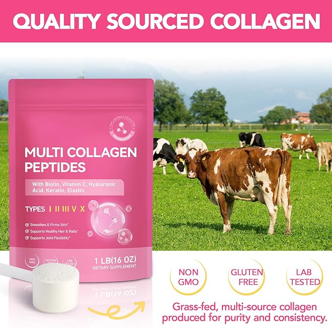 Multi Collagen Peptides Powder with Type I II III V X for Skin Joints Bones Hair and Nails Enhanced with Vitamin C Biotin Hyaluronic Acid Keratin Elastin for Comprehensive Beauty and Wellness Support
