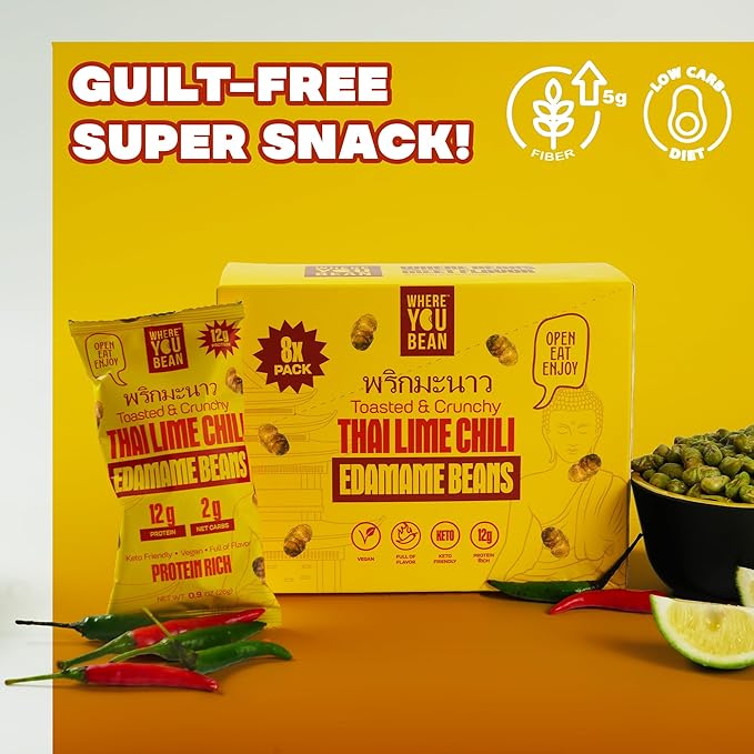 Where You Bean Edamame Beans Snack (Thai Lime Chili) - Crunchy and Dry Roasted Edamame Beans - High Protein Snacks, Keto and Vegan Healthy Snacks for Adults & Low Carb Asian Snack 0.9 oz (Pack of 8)