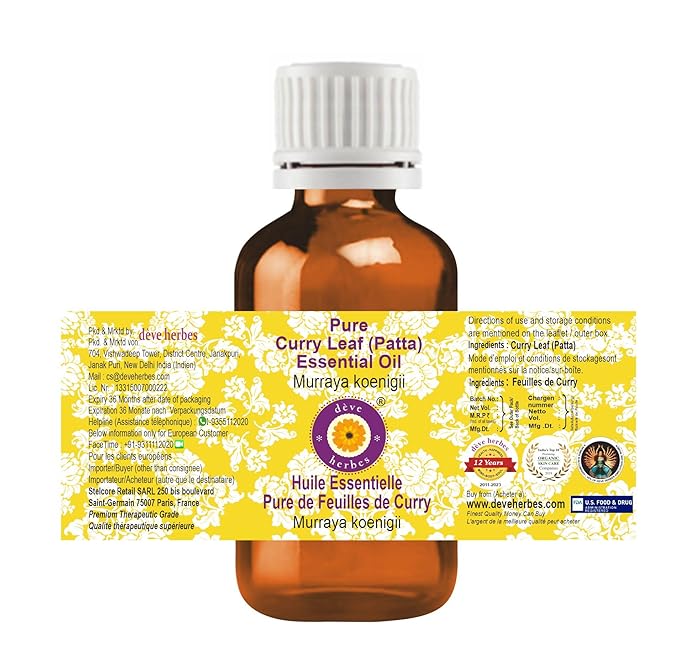 Deve Herbes Pure Curry Leaf (Patta) Essential Oil (Murraya koenigii) Steam Distilled (Pack of Three) 100ml X 3 (10 oz)