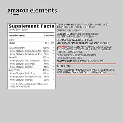 Amazon Elements - Revly Omega 3-6-9, Complex of Fish, Flaxseed and Borage Oil - EPA & DHA Omega-3 fatty acids - 60 Softgels, 2 Month Supply