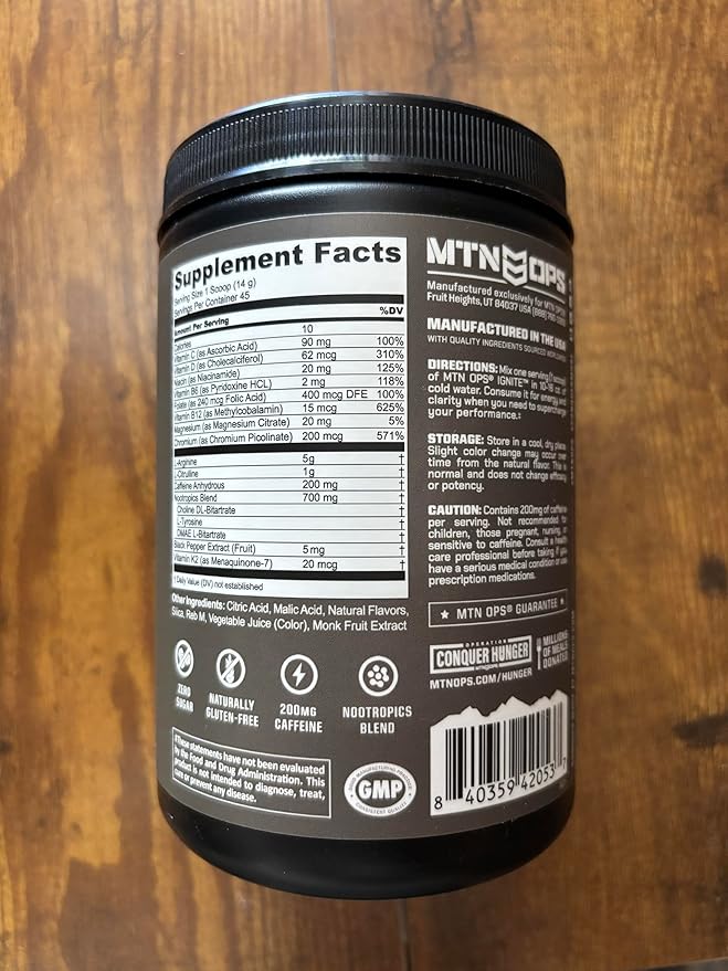 MTN OPS Ignite Sugar Free Energy Drink Powder Naturally Sweetened with Monk Fruit, 200mg Caffeine, Nootropic Blend for Energy, Focus & Endurance, L Arginine & L Citrulline, 45 Servings, Peach Lemonade