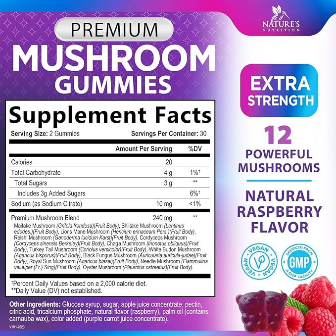 Mushroom Gummies Supplement 12 in 1 - High Grade Blend for Adults with Lions Mane, Reishi, Cordyceps, & Chaga Mushroom Complex Gummy, Memory & Immune Support & Nootropic Brain Supplements - 60 Gummies