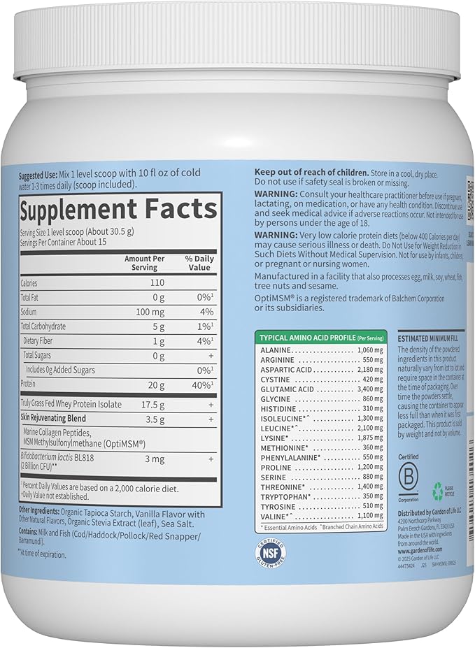 Garden of Life SPORT Whey Protein Powder Vanilla Flavor 20g Plus Marine Collagen Peptides & MSM for Women and Men, Optimum Amino Energy, Younger, Healthier Looking Skin - Grass Fed, About 15 Servings