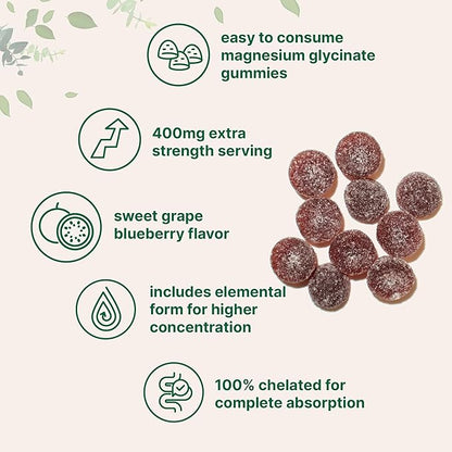 Magnesium Glycinate Gummies 400mg Per Serving, 120 Count | Natural Grape Blueberry Flavor | Potent Elemental Form + Chelated for High Absorption | Healthy Muscle, Bones, & Mood Support Supplement