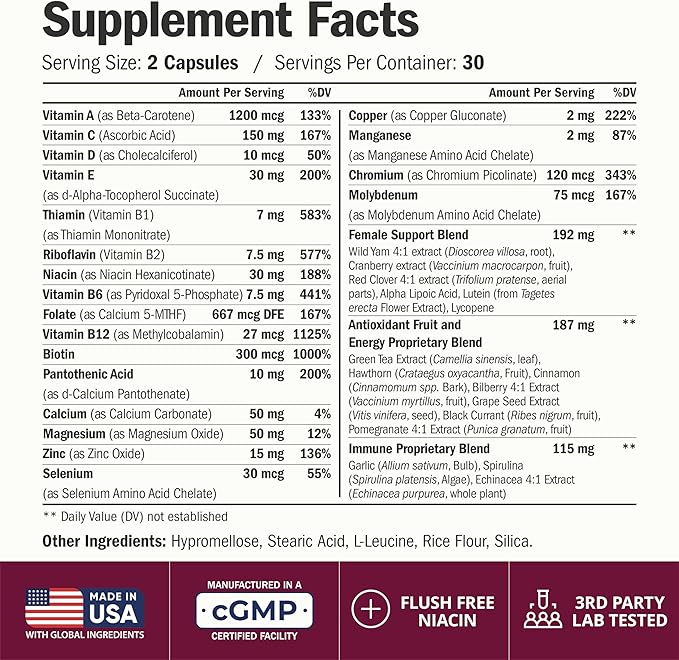 Multivitamin for Women with Methylated Vitamins and Chelated Minerals for Energy, Focus and Immune Health – Premium Daily Womens Multivitamins & Multiminerals – 60 Capsules