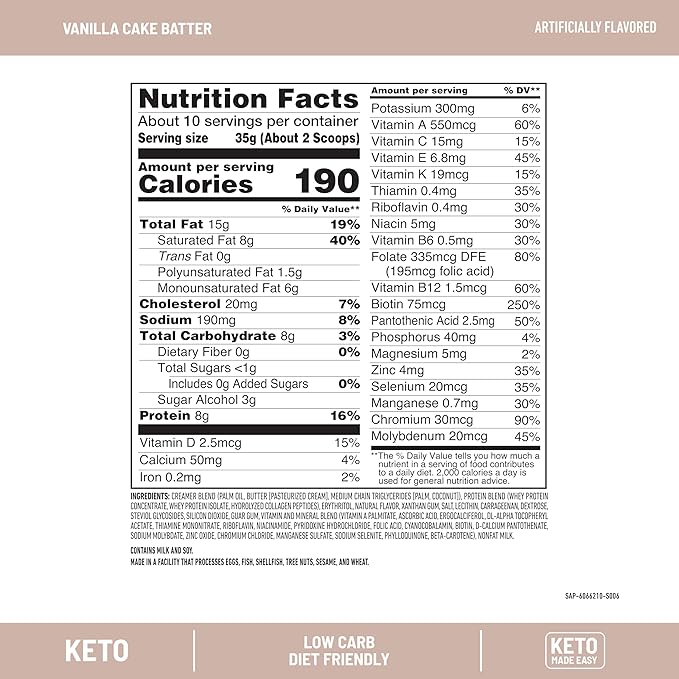 SlimFast Keto Meal Replacement Powder, Keto Meal Replacement Shake, Low Carb, Whey Protein, Collagen Protein, Grass Fed Butter, Weight Loss Shakes Powder, Gluten Free, Vanilla Cake Batter, 10 Servings
