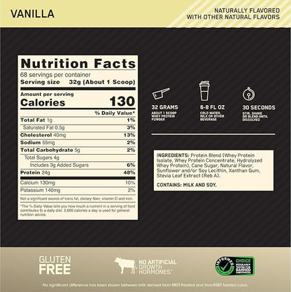 Optimum Nutrition Gold Standard 100% Whey Naturally Flavored Protein Powder 4.8 (Packaging May Vary), Vanilla, 76.8 Ounce