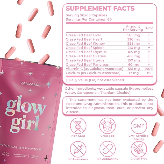 Beef Organ Supplement for Women – Grass-Fed Beef Liver, Ovary, Uterus & Organ Complex for Hormone Balance, Energy & PMS Support – Pasture-Raised + Vitamin C – 180 Capsules | Glow Girl | Zakrama