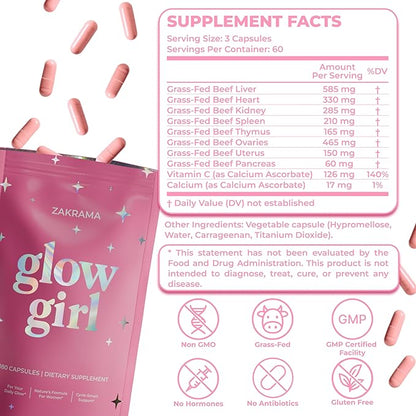 Beef Organ Supplement for Women – Grass-Fed Beef Liver, Ovary, Uterus & Organ Complex for Hormone Balance, Energy & PMS Support – Pasture-Raised + Vitamin C – 180 Capsules | Glow Girl | Zakrama