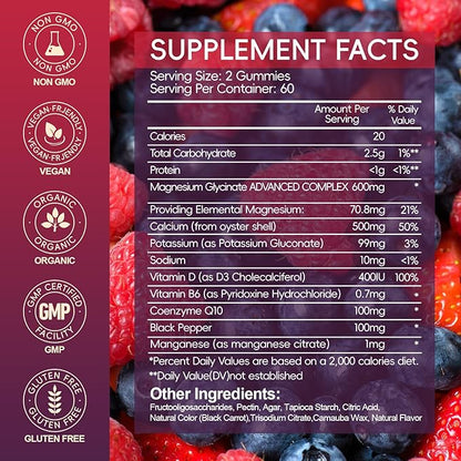 Magnesium Glycinate Gummies 600mg High Absorption, Manganese Glycinate for Women and Men with Vitamin D, B6, and CoQ10 for Adults & Kids, Magnesium for Calm Support & Sleep, 60 Days Supply