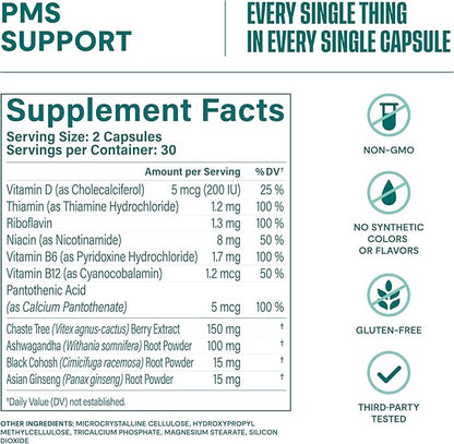 Habit PMS Support Supplement for Women (60 Capsules) - Supports Premenstrual Symptoms & Stress, Hormone Balance, Mood, B Vitamins, Vitamin D, Chasteberry, Ashwagandha, Gluten-Free, Non-GMO (1 Pack)