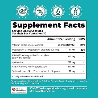Cortisol Supplement with KSM-66® Ashwagandha & L-Theanine - Advanced Formula with GABA, Saffron, Magnesium Glycinate & Vitamin D3 for Calm Focus, Mood Balance & Restful Sleep - 60 Capsules