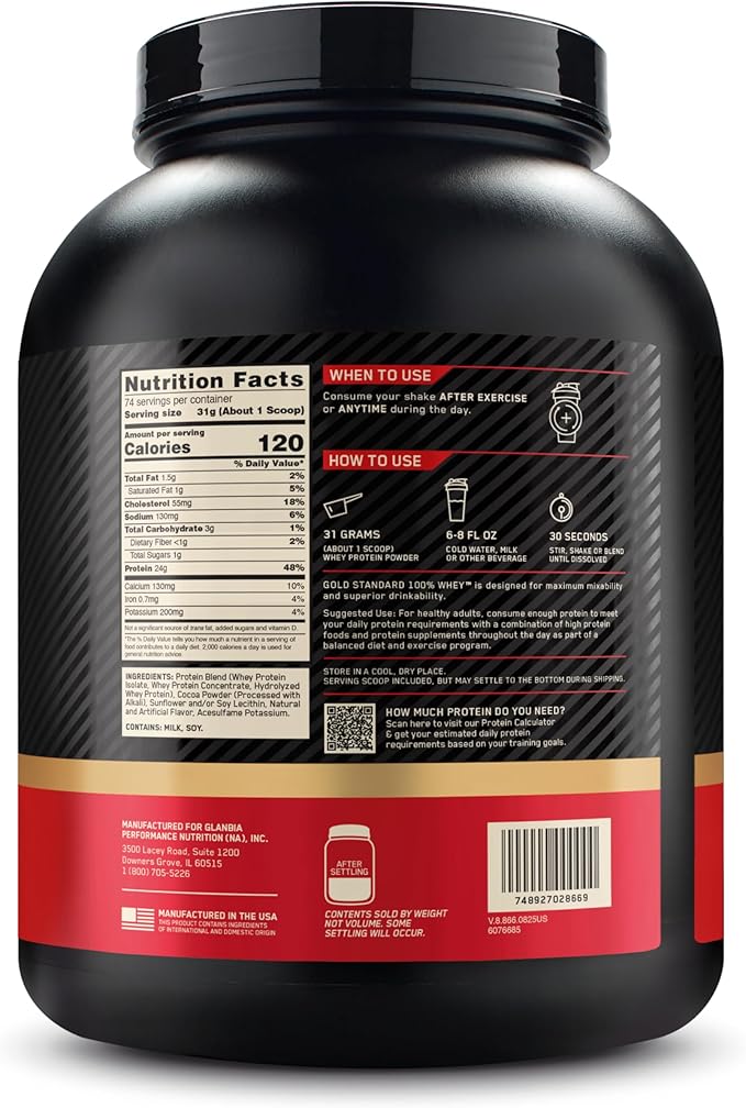 Optimum Nutrition Gold Standard 100% Whey Protein Powder, Double Rich Chocolate, 5 Pound (Packaging May Vary)