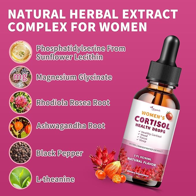Cortisol Supplements for Women Liquid Drops, Natural Herbal Extract Complex for Women, Cortisol Reducer - Promote Relaxation and Support Mood - 30 Day Vegan Supply