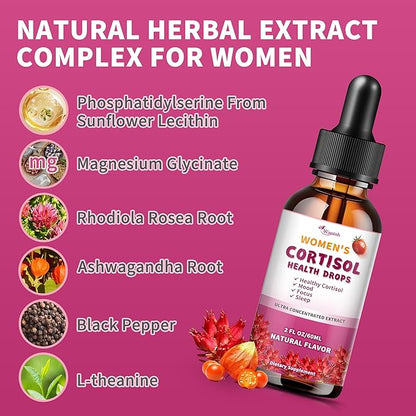 Cortisol Supplements for Women Liquid Drops, Natural Herbal Extract Complex for Women, Cortisol Reducer - Promote Relaxation and Support Mood - 30 Day Vegan Supply