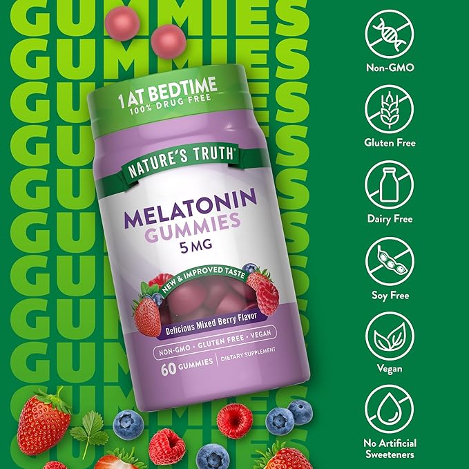 Nature's Truth Melatonin Gummies 5mg | 60 Count | Mixed Berry Flavor | Vegan, Non-GMO & Gluten Free Supplement
