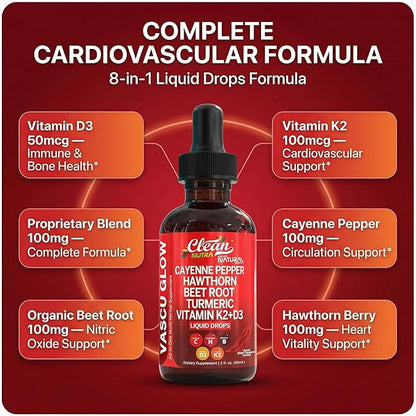 Clean Nutra Cayenne Pepper Drops Supplement Liquid + Hawthorn Berry, Vitamin D3 K2 Beet Root Powder, Ceylon Cinnamon, Turmeric Curcumin, Organic Panax Ginseng, Berberine Extract 1 Pack