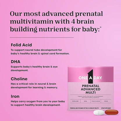 One A Day Prenatal Advanced- Prenatal Vitamins with Folic Acid, Choline, DHA & Iron, Pregnancy Vitamins for Women to Support Baby’s Development, 30+30 Ct (60 Total Set) (Packaging May Vary)