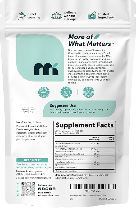 Micro Ingredients Glucosamine Chondroitin MSM and Turmeric Supplement, 300 Bisected Tablets | 1,500 mg Glucosamine Per Serving | 7-in-1 with Boswellia, Hyaluronic Acid, & Collagen Complex