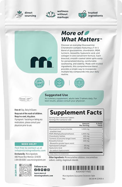 Micro Ingredients Glucosamine Chondroitin MSM and Turmeric Supplement, 300 Bisected Tablets | 1,500 mg Glucosamine Per Serving | 7-in-1 with Boswellia, Hyaluronic Acid, & Collagen Complex