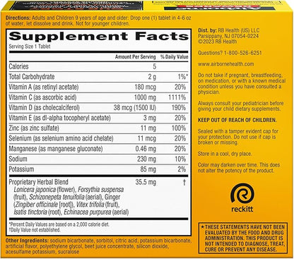 Airborne 1000mg Vitamin C with Vitamin D & Zinc, Sugar Free Multivitamin Immune Support Supplement, Antioxidants Vitamins A C & E, Very Berry Flavor, 30 Tablets (Pack of 2)