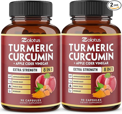 2packs 90 Capsules Turmeric Curcumin + Apple Cinder Vinegar Capsules, 6 Month Supply with Ashwagandha, Ginger, 95% Standardized Curcuminoids, Joint & Absorption Support