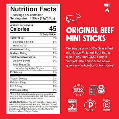 Chomps Snack Size Grass-Fed Original Beef Jerky Snack Sticks 0.5oz 24-Pack - Keto, Paleo, Whole30, 4g Lean Meat Protein, Gluten-Free, Zero Sugar Food, Non-GMO Chomplings
