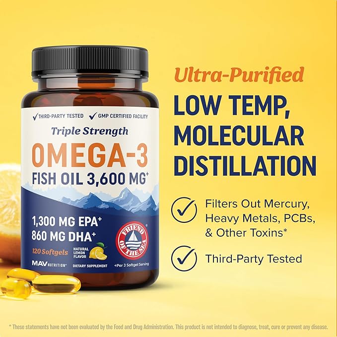 Triple Strength DHA Omega 3 Fish Oil 3600 mg | Over 2100mg Omega-3 Fatty Acids with 860mg of DHA | 1300mg EPA | Best Essential Fatty Acids | Premium Wild Caught & Burpless Fish Oil | 120 ct.