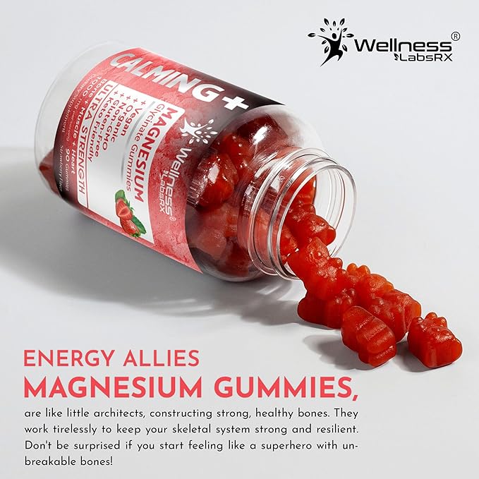 Magnesium Glycinate Gummies, 1000 mg - Magnesium Supplement to Support Relaxation, Heart Health - Chewable Calm Magnesio Gummies for Adults, Glicinato De Magnesio - Strawberry Flavor - Pack of 2