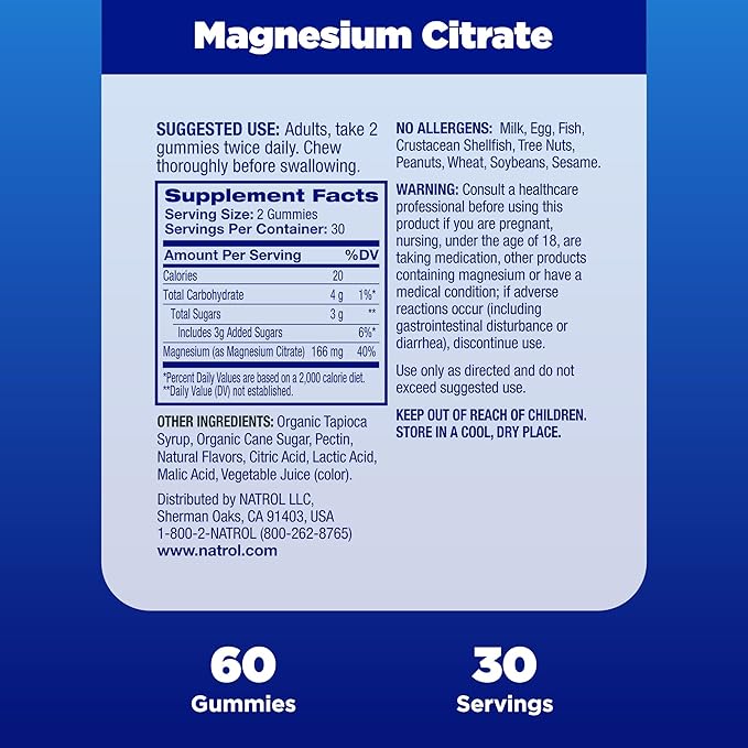 Natrol Magnesium Citrate, High Absorption Magnesium Supplement for Mood and Stress, Helps Calm The Mind and Relax The Body, 60 Raspberry-Flavored Gummies, Up to a 30 Day Supply