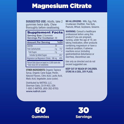 Natrol Magnesium Citrate, High Absorption Magnesium Supplement for Mood and Stress, Helps Calm The Mind and Relax The Body, 60 Raspberry-Flavored Gummies, Up to a 30 Day Supply