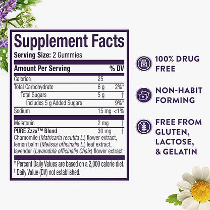 ZzzQuil Pure Zzzs Melatonin Gummies, Sleep Aid, Melatonin 2mg, with Chamomile & Lavender, Melatonin Sleep Gummies, Sleep Aids for Adults, Wildberry Vanilla Flavored, 24 Sleep Gummies