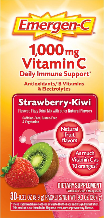 Emergen-C 1000mg Vitamin C Immune Support Powder Strawberry Kiwi 30CT includes Zinc, Manganese, 7 B Vitamins and Electrolytes for Back to School Essentials
