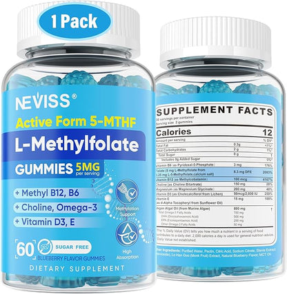 L Methylfolate Gummies & Methyl B12, Active 5-Mthf Methylated Folate 5mg Supplement for Women Men w/Methyl B Complex,Choline,Magesium,Omega-3,Methyl Folate for Methylation,Focus,Mood,Sugar Free,1Pack